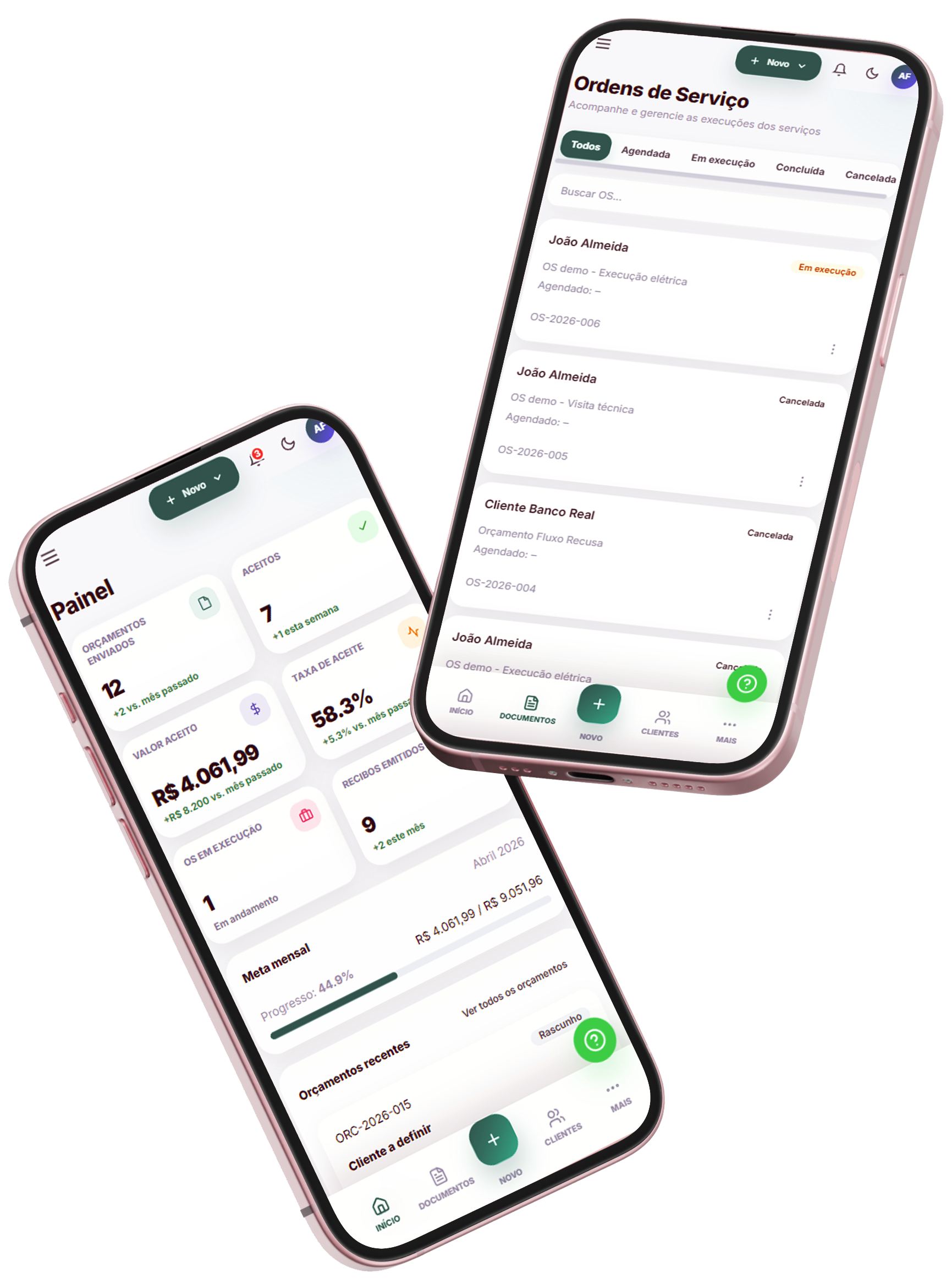 Telas mobile do Proposy com painel e ordens de serviço